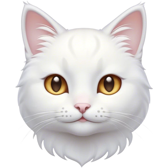 Cinematic Cute White Cat Portrait Emoji, Head tilted with a soft, gentle smile and sparkling eyes, featuring a silky, pristine white fur with subtle silver highlights, simplified yet irresistibly adorable, highly detailed, glowing with a warm, snowy glow, high shine, radiating affectionate charm and tender grace, styled with a light, playful outline, capturing the essence of a cute white cat that looks as if it could melt your heart with a single blink! emoji