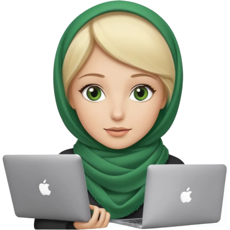 blond women skine , with green eyes , with scarf hijab , heid the hair, with macbook emoji