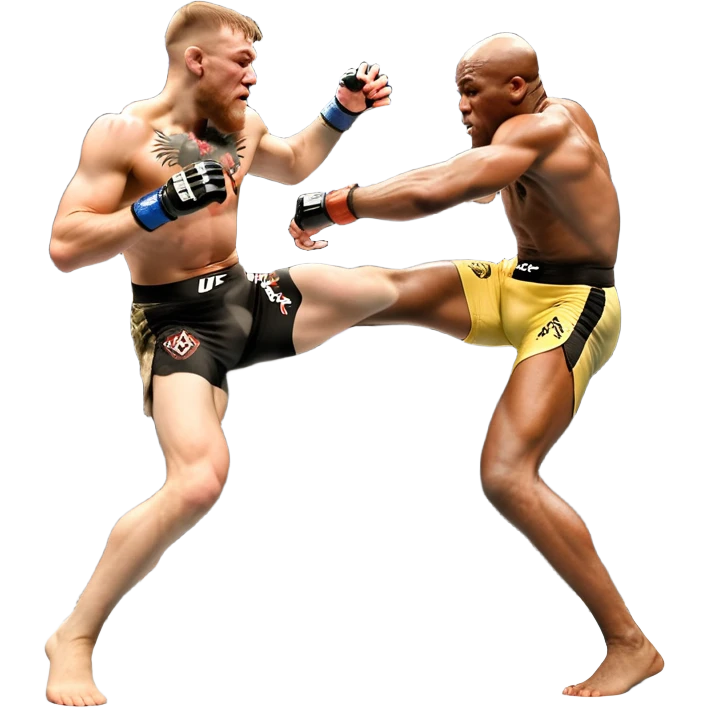 An MMA showdown between Conor McGregor and Anderson Silva in the octagon. McGregor is executing a powerful jumping strike, while Silva is expertly blocking the attack with his forearm. The background features the UFC octagon, fans in the distance, and dynamic action. Transparent background emoji