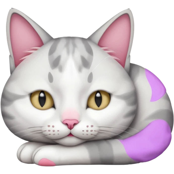 grey and white small cat with its eyes closed lying down with his head leaning on his paw emoji