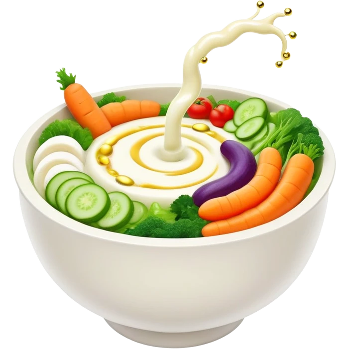 Bowl of glowing white yogurt and colorful fermented vegetables floating around a luminous spiral intestine. Golden bubbles and green particles flow from the intestine, representing beneficial bacteria creating harmony and strengthening immune defenses. emoji