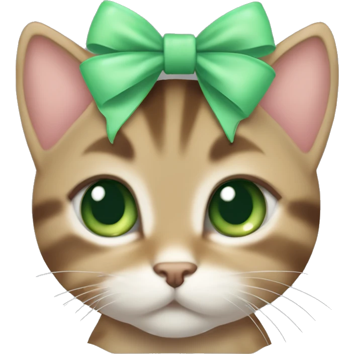 kawaii brown tabby kitten with green eyes and pastel green bow on top of head emoji