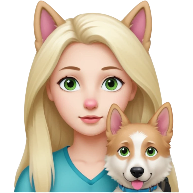 White European young woman with blue-green eyes and long blond hair with her white German Shepherd dog,the Dog hast a pink nose and short fur  and Brown eyes emoji