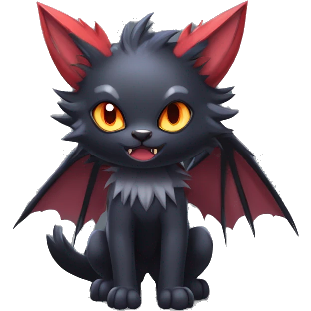   cool edgy pretty kawaii beautiful fantasy anime-style dark animal vampiric Litten-Zoroark-Nargacuga-cat-hybrid Fakemon with big fangs and bat-ears full body emoji