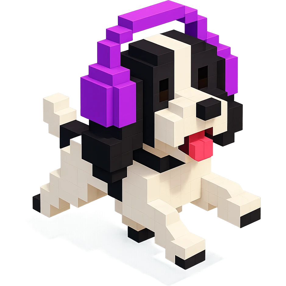 black and white Russian Cocker Spaniel puppy wearing headphones, running pose with a playful expression emoji
