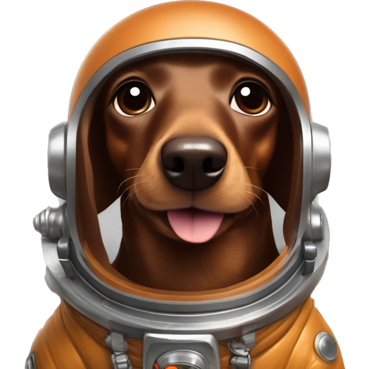 Sausage dog in a space suit with tongue hanging out. Classic brown chocolate coloured dog with cute puppy eyes. emoji