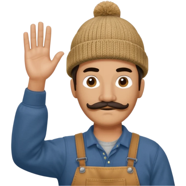 Woodworker thick straight mustache knit cap Carhartt shirt, one hand raised above head small eyes emoji