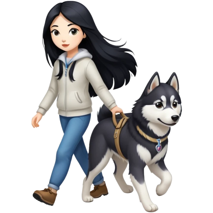A girl with long black hair walks a husky emoji