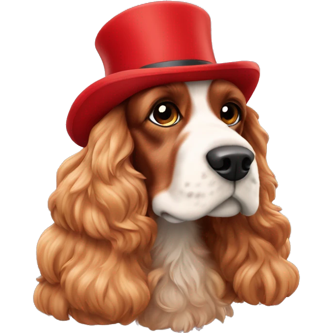 Full leght, Red fur cocker spaniel in chew year hat.  emoji