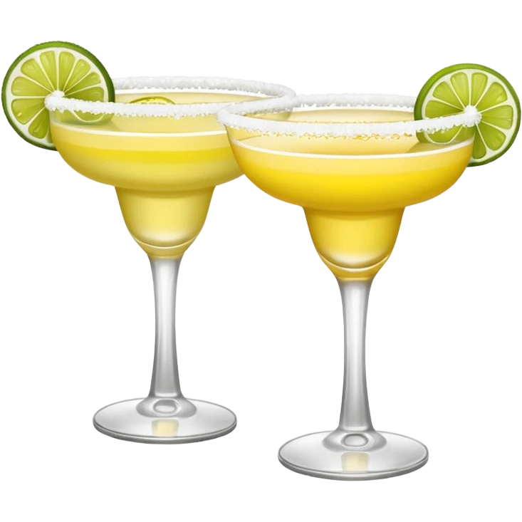2 margarita cocktails. one is the classic margarita: yellowy with salt on the rim and a lemon. the other one is a spicy margarita: slightly more red color with a small red chili pepper instead of a lemon on the rim  emoji
