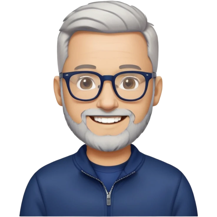 Light-skinned man with tight fade haircut (nearly shaved sides fading to very short on top), short graying beard, big black glasses frames, happy smile, navy blue zip-up sweatshirt with long sleeves emoji