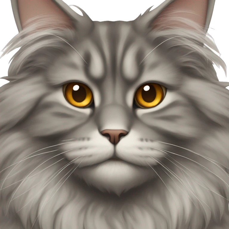 A Persian-Maine Coon mix with a thick, smoky-lightgray coat, round amber eyes, a flat, expressive face, and small, rounded ears. The fur is dense and fluffy, giving a plush and majestic appearance. emoji