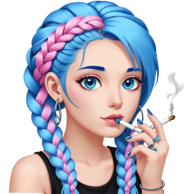 Long blue hair with a braid, blue eyes, wearing black, wearing big silver hoop earrings, smoking a cigarette, long acrylic nails painted pink and blue emoji