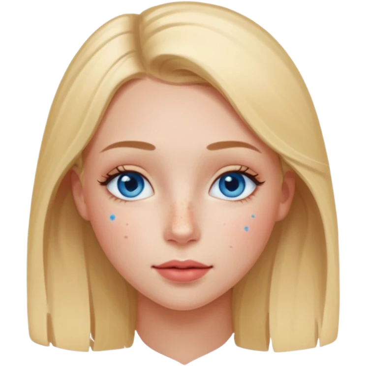 Una ragazza con ciglia lunghe occhi azzurri capelli biondi labbra sottili ma a cuore guance rosacee e lentiggini sul naso emoji