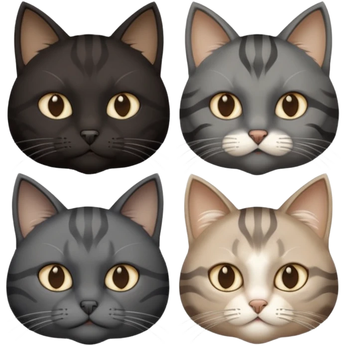 gatto nero con muso zona naso bianco (ricorda la maschera di batman), gatto siberiano grigio e beige mescolato, gatto grigio chiaro con qualche striatura grigio scura, gatto marrone con macchie beige emoji