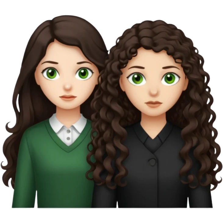 Two scornful girls, 1: long ironed straight darkbrown hair, green eyes, 2: long curly darkbrown hair, brown eyes emoji