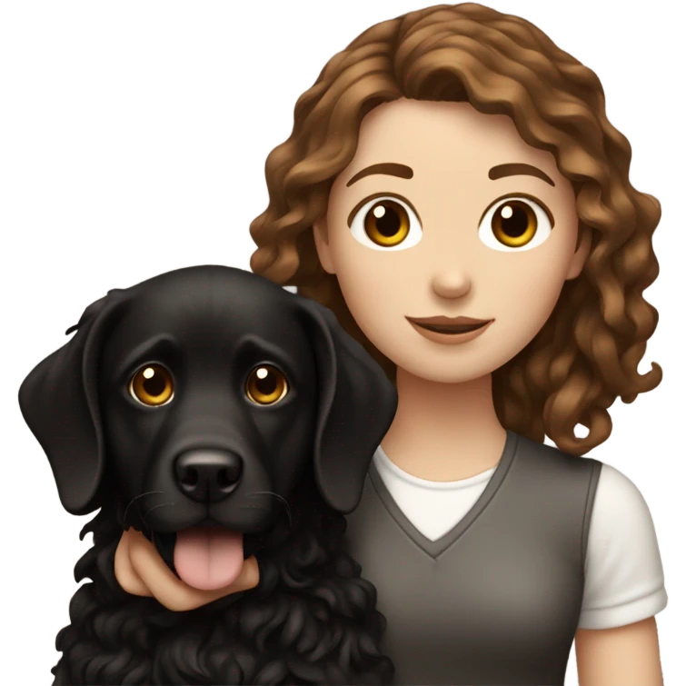 white girl with wavy brown hair holding black dog emoji
