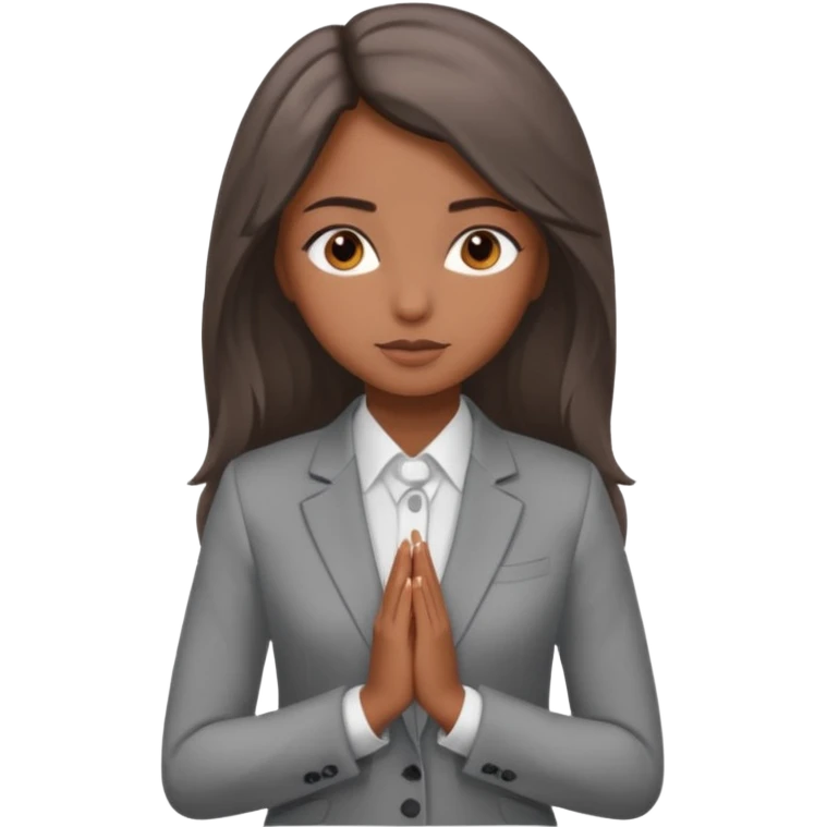 a young woman in a grey pantsuit. Her hands are folded, she has brown eyes and very long brown hair. emoji