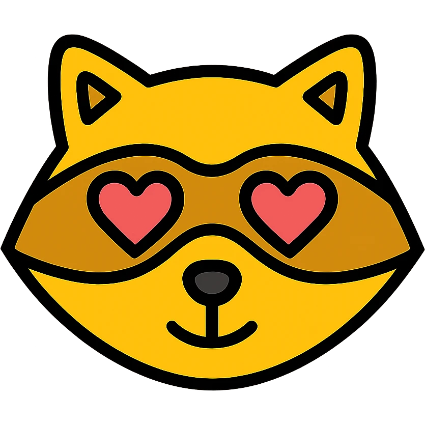 A yellow raccoon with heart-shaped eyes emoji