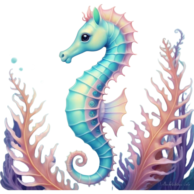 Cinematic Noble Sea Horse Portrait Emoji, Poised and enchanting, with a delicate, slender body in soft pastel hues, a gracefully curled tail and large, expressive eyes radiating gentle wonder, Simplified yet charmingly cute features, highly detailed, glowing with a soft, magical aquatic luminescence, high shine, intelligent and endearing, stylized with an air of whimsical marine grace, focused and poised, soft glowing outline, capturing the essence of a watchful and confident seahorse that appears ready to drift out of the screen with delightful charm! emoji
