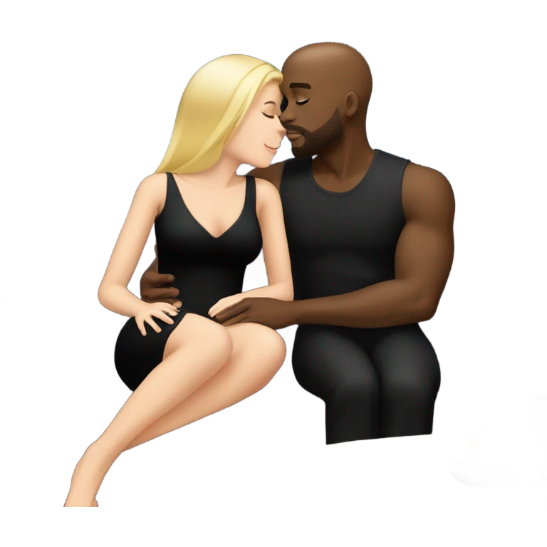 Blonde woman with blue eyes and long straight hair wearing a short black dress and a black man who is bald with a goatee seated together on a sofa enjoying a loving kiss.   emoji