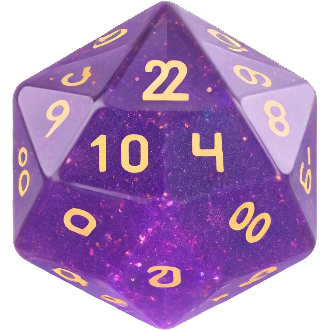 translucent d20 die with glitter emoji