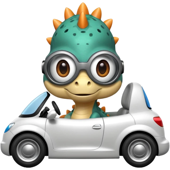Tres dinosaurios bebés grises subidos en un carro tecnológico blanco con lentes de realidad virtual emoji