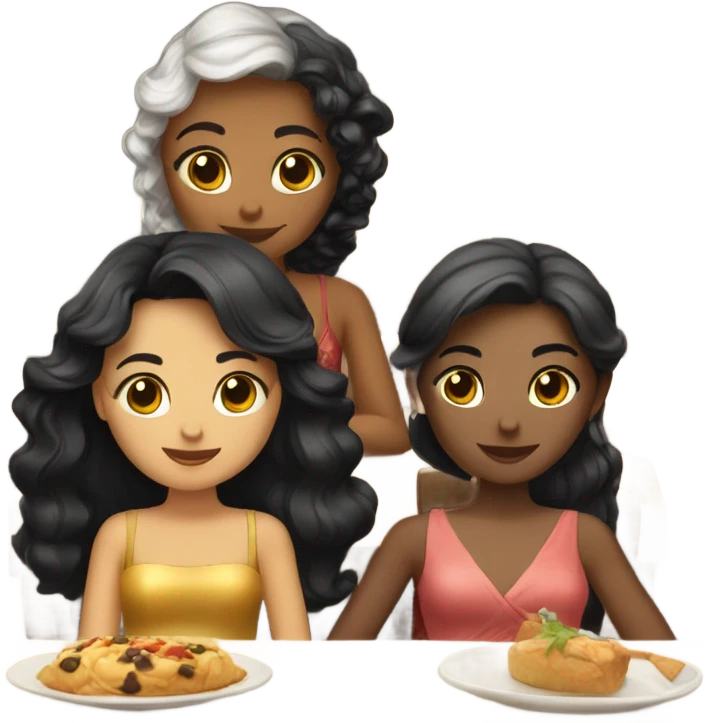Three girls in New Year's dresses. The first one with black hair. The second one has white hair. The third one has brown hair. They're sitting in a restaurant. emoji