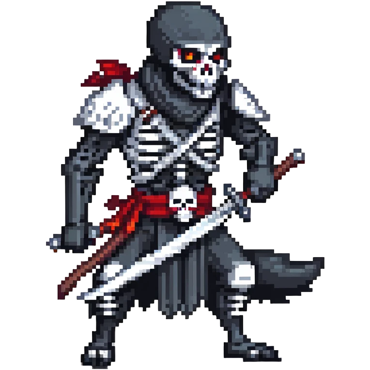 pixel art ninja skeleton wielding swords, accompanied by a fierce black wolf emoji