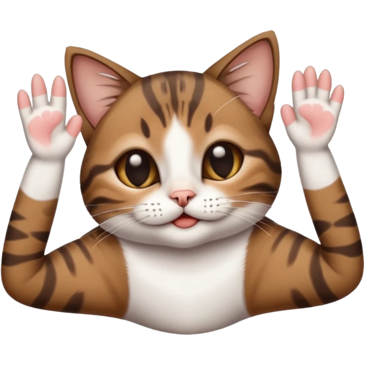 dark brown tabby and white small cat in funny positions upside down with paws covering eyes emoji