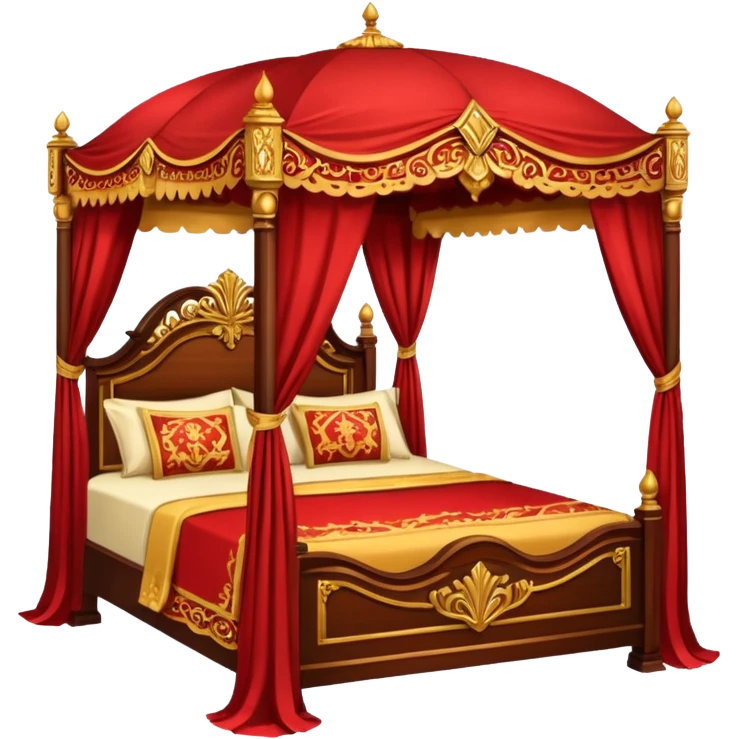 bed with red and gold sheets, wooden, canopy emoji