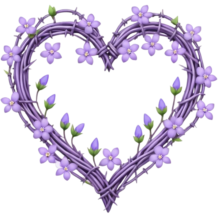 heart shape made out of barb wire vines with pastel lavender flowers and lilac flowers adorning the border with crystals hanging  emoji