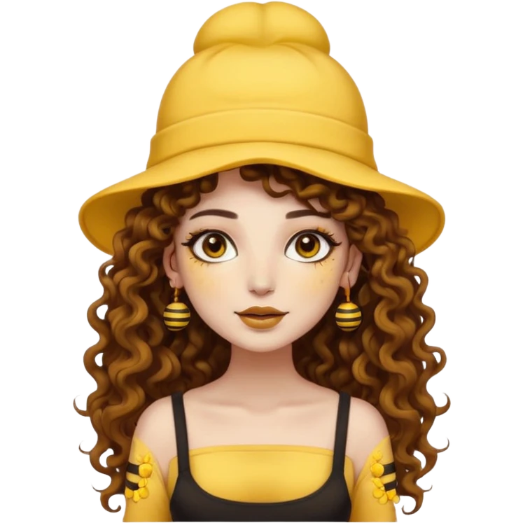 full body woman long curly brown hair brown eyes white skin tattoos wearing bee hat and pollen glow makeup emoji