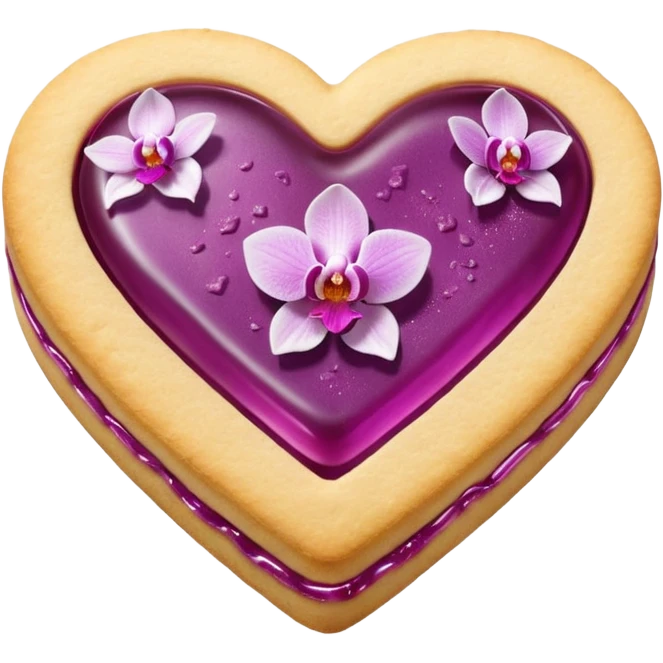Realistic shortbread cookie in the shape of a heart with orchid color jelly middle filling and sprinkled powder sugar on top. emoji