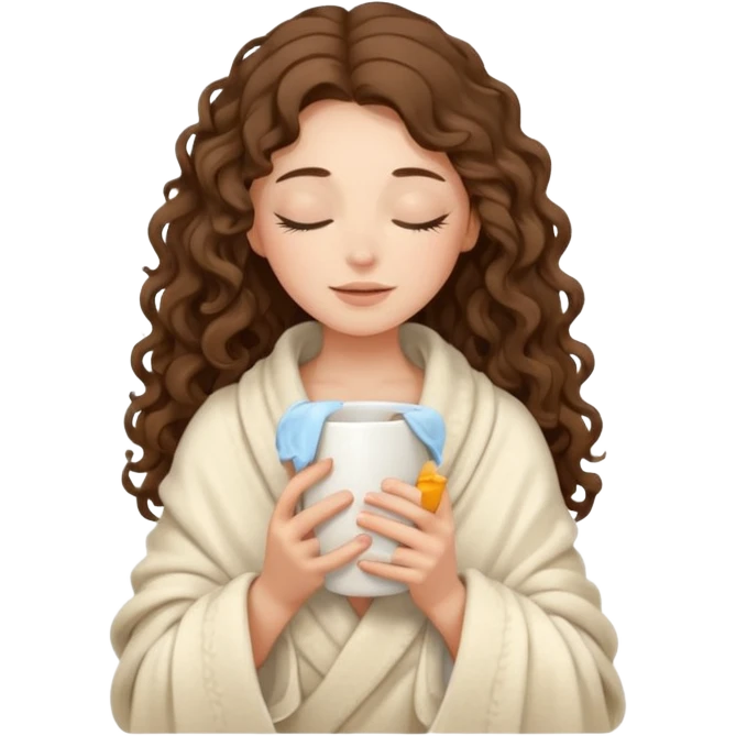 slender girl with fair skin with long curly brown hair girl closed her eyes and wrapped in a cream soft blanket holding a white mug in her hands emoji