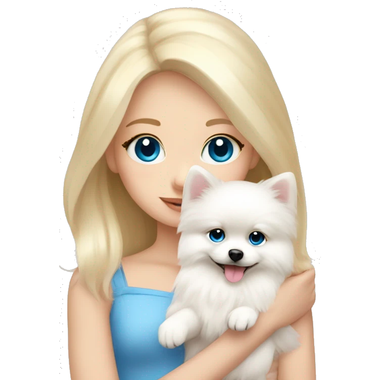 Blond girl white skin blue eyes hugging white Pomeranian with light pink bow emoji