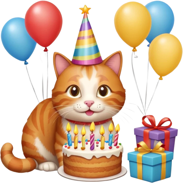 Ginger cat celebrates birthday, birthday hat, birthday cake, balloons, happy, gifts emoji