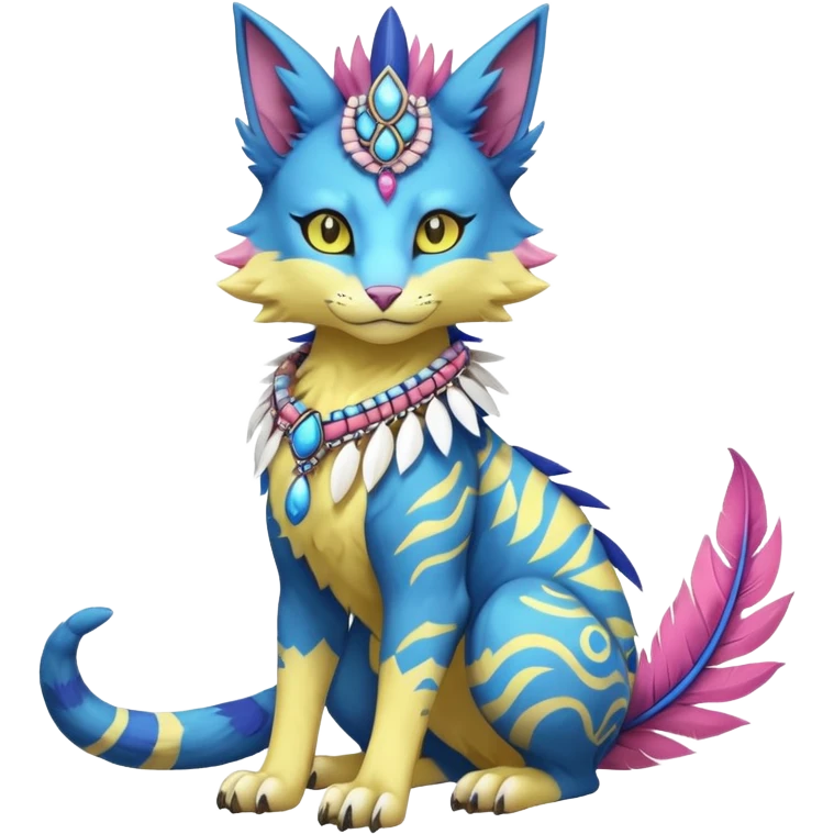 Kawaii cute yellow, blue, pink, exotic tribal beautiful pretty elegant divine edgy feline-vernid-sergal-Fakémon-Pokémon-Digimon-fursona-animal-creature with bracelet, necklace, full body, with intricate detailed markings, feather headdress  emoji