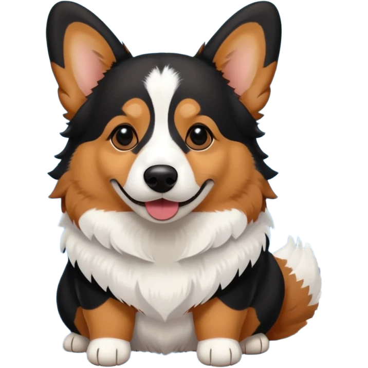 black tricolor corgi with no tail and a snowflake on it's nose emoji