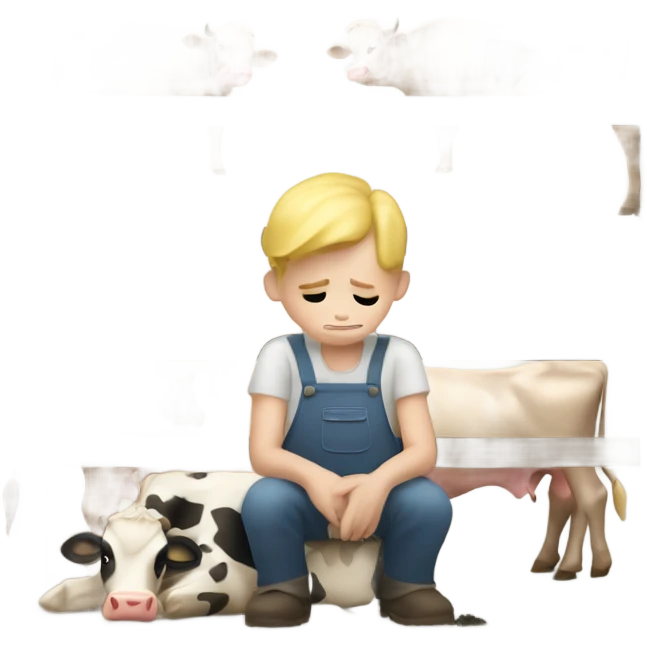 Farm boy with blonde hair is milking cow. But he is sad emoji