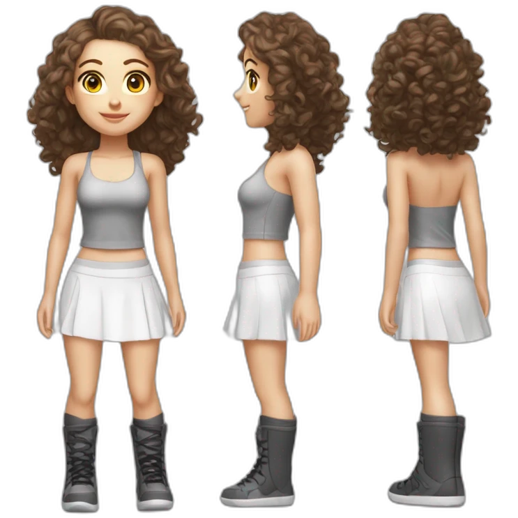 hyper realistic caucasian long curly brown hair brown eyes strapless sporty top white miniskirt tight black gray shoes full body emoji