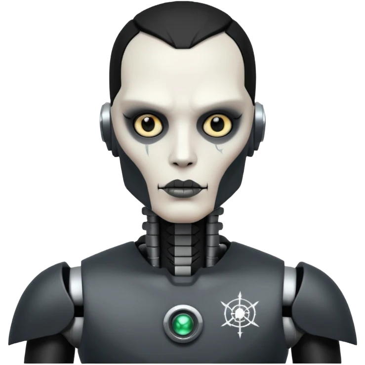 black metal Tatooed robot with radar, big many tatooes on chest, neck and face, white tatoo on face emoji