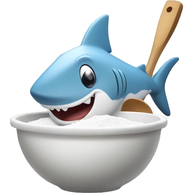 Show a friendly cartoon shark in a kitchen with flour on its nose, playfully sniffing the white powder. There's a mixing bowl of flour nearby, and the shark is holding a wooden spoon, ready to bake. emoji