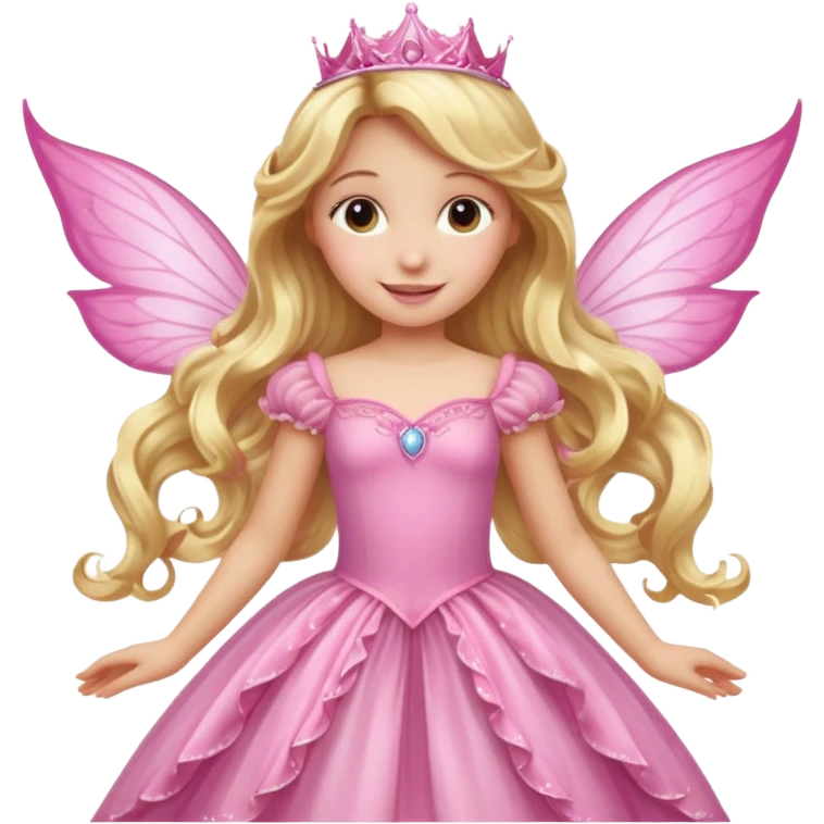 Detailed long pink princess dress, long blonde wavy hair, pink fairy wings emoji