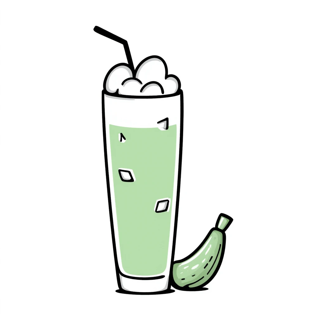 Hand-drawn glass of sugarcane juice with ice cubes, light green liquid, and a piece of sugarcane beside it emoji