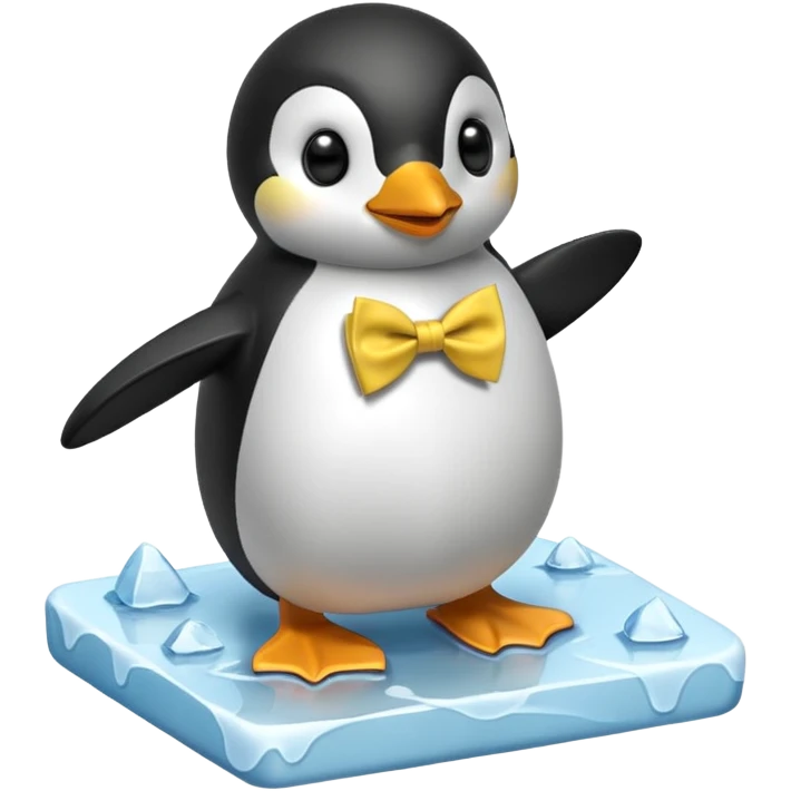 penguin, yellow bow tie, standing on small ice melting block emoji