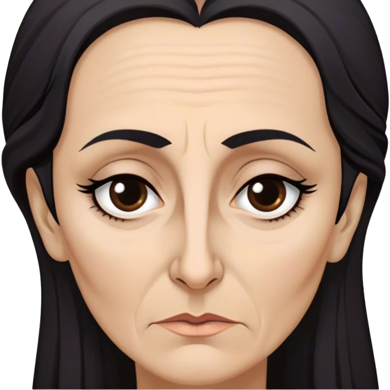 Mirri Maz Duur is a weathered, age 50 woman with deep-set dark eyes, high cheekbones, and a sharp nose, giving her a stern, knowing expression. Her long, unkempt dark hair  falls loosely over her shoulders emoji