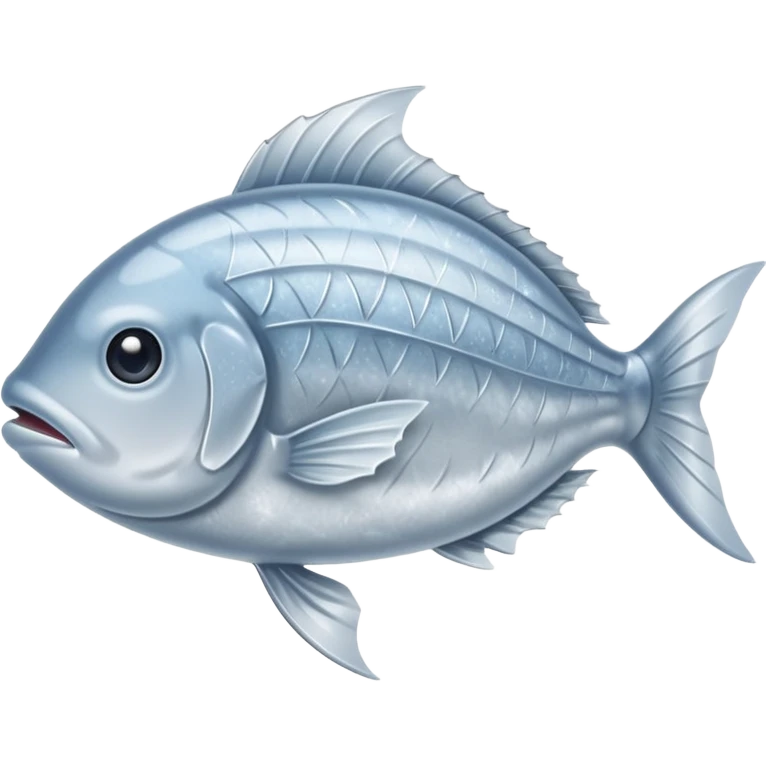 whole silver fish or fillet encased in a thin layer of frost, subtle ice crystals on the surface, slightly muted color tone, texture firm and chilled, clean defined contours, no packaging, tray, or garnish, soft lighting, subtle shadows, emoji scale emoji