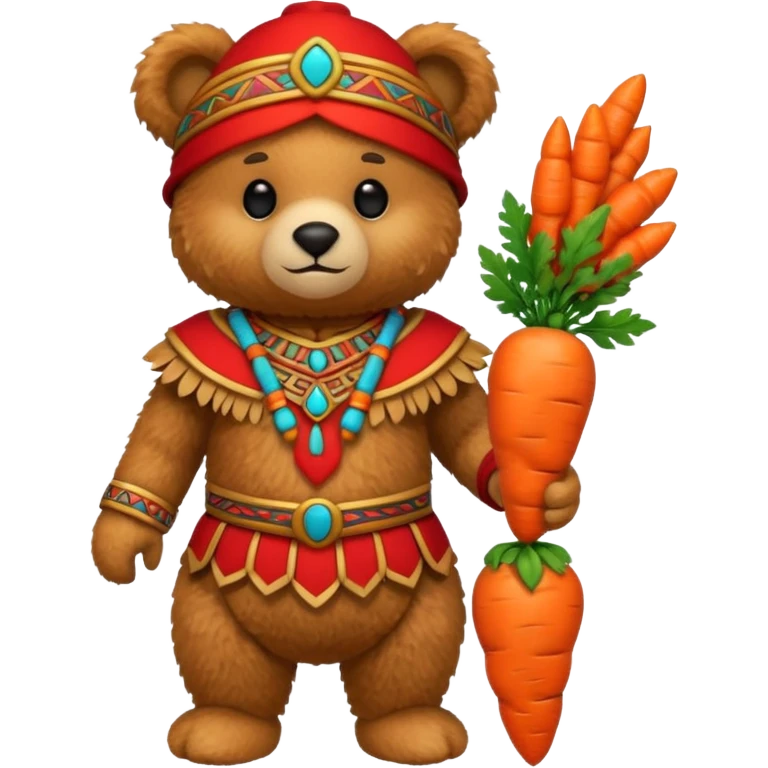 teddy bear, wearing red mayan ancient custome, with carrot half body emoji