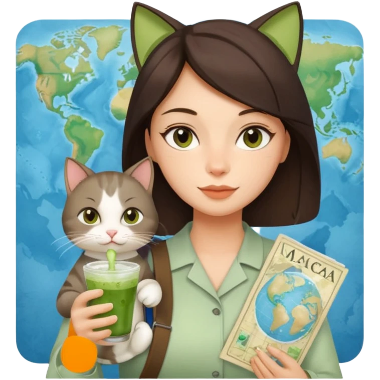 a brunette woman in here 30S drinking an iced matcha, carrying a grey cat and a map of the world emoji